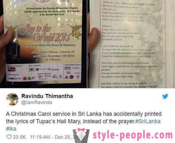 In Sri Lanka, the church parishioners distributed brochures with the text of the song the rapper instead of prayer